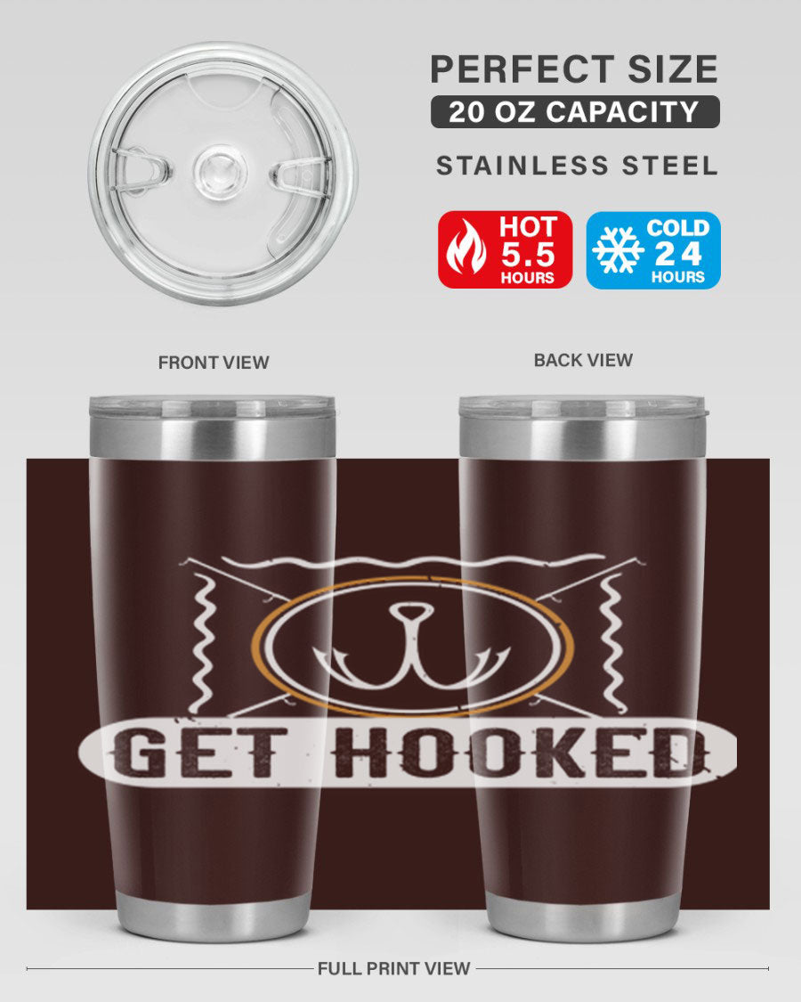 Get Hooked 264# Fishing Tumbler in stainless steel with a drink-thru lid, showcasing its sleek design and insulation features.