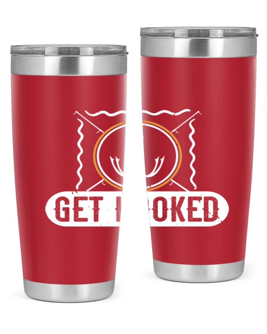 Get Hooked 264# Fishing Tumbler in stainless steel with a drink-thru lid, showcasing its sleek design and insulation features.