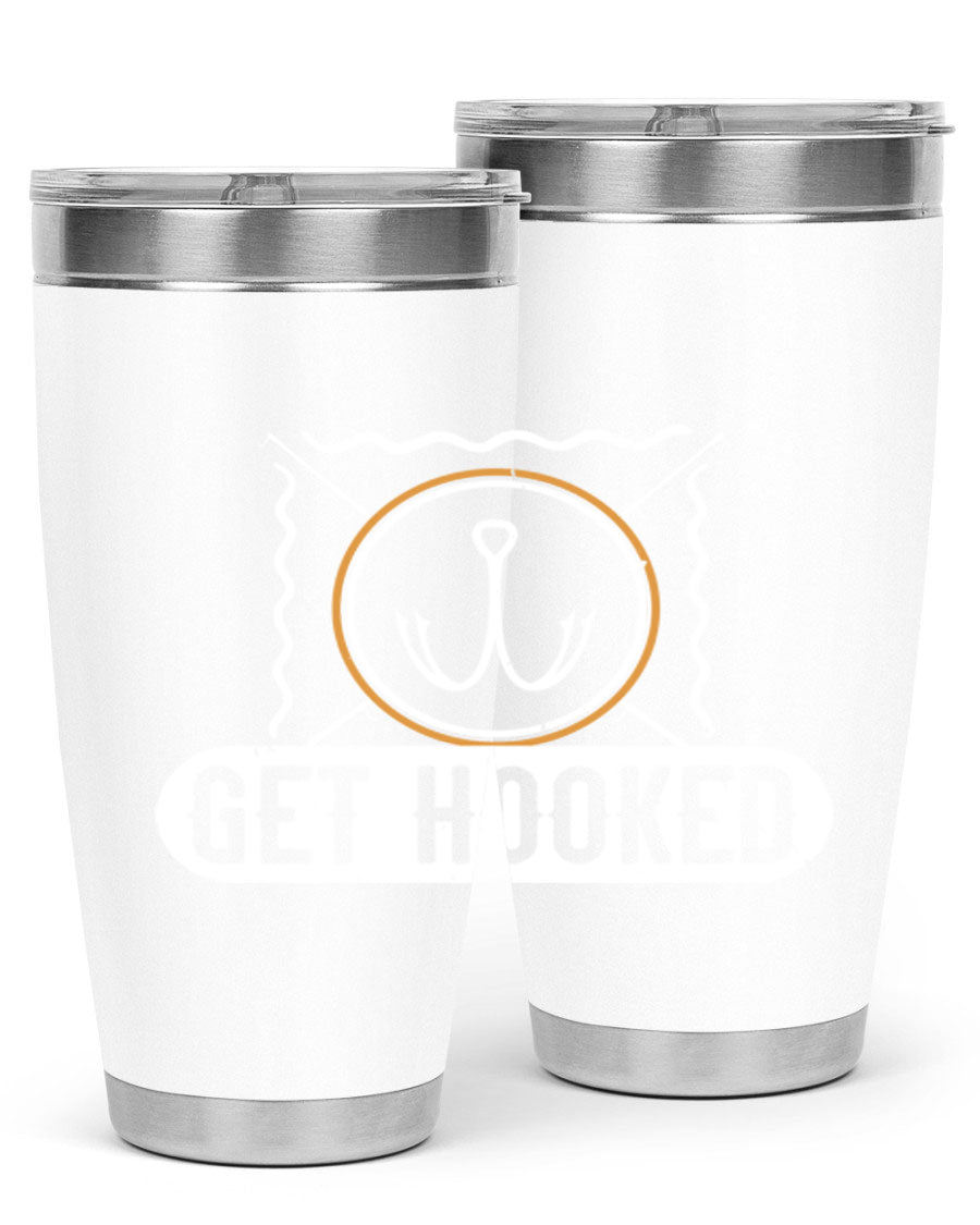 Get Hooked 264# Fishing Tumbler in stainless steel with a drink-thru lid, showcasing its sleek design and insulation features.