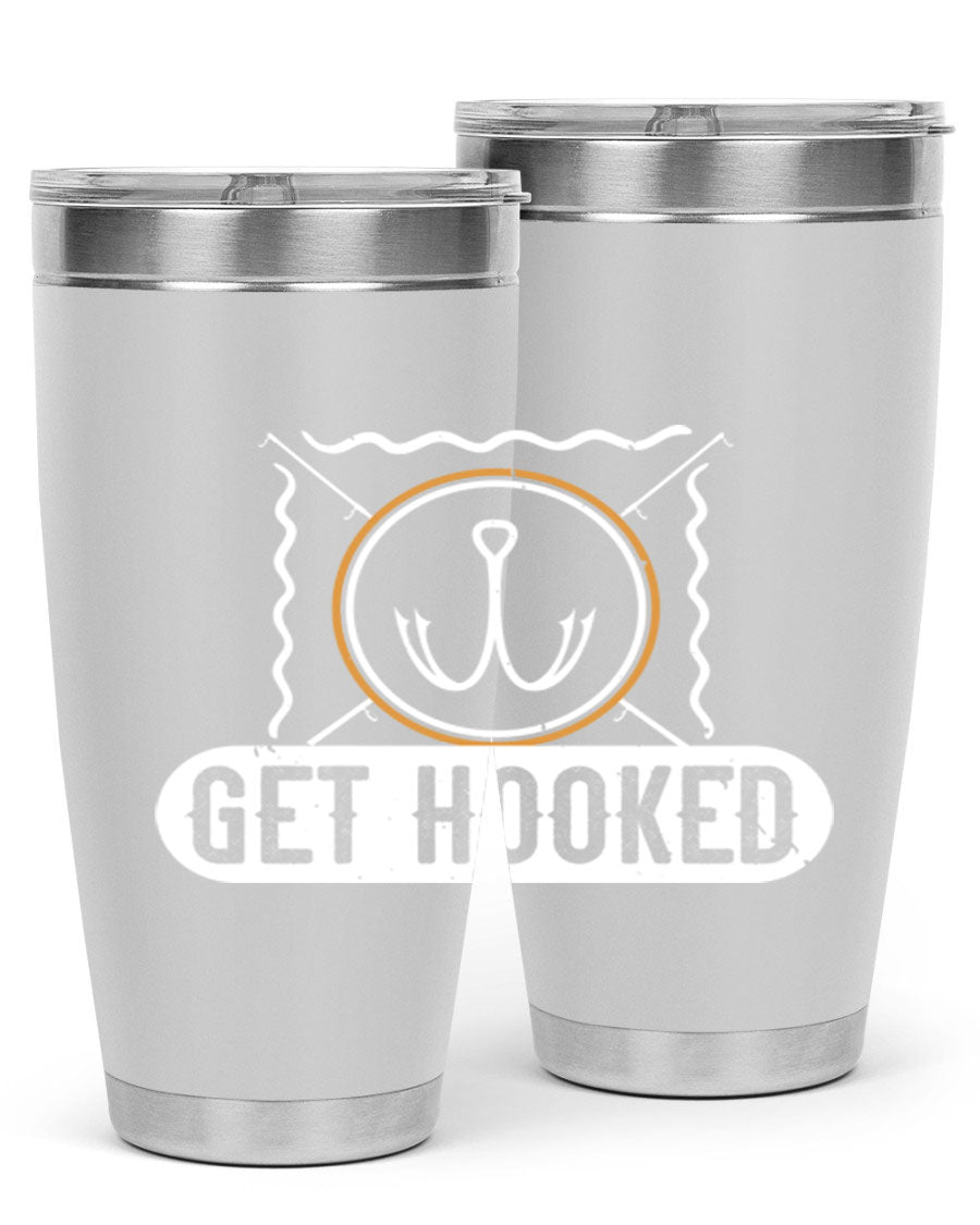 Get Hooked 264# Fishing Tumbler in stainless steel with a drink-thru lid, showcasing its sleek design and insulation features.