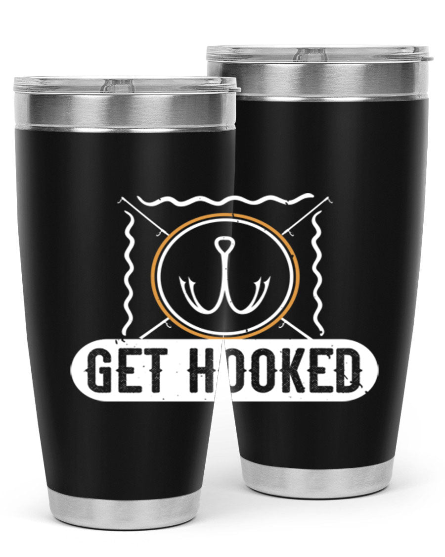 Get Hooked 264# Fishing Tumbler in stainless steel with a drink-thru lid, showcasing its sleek design and insulation features.