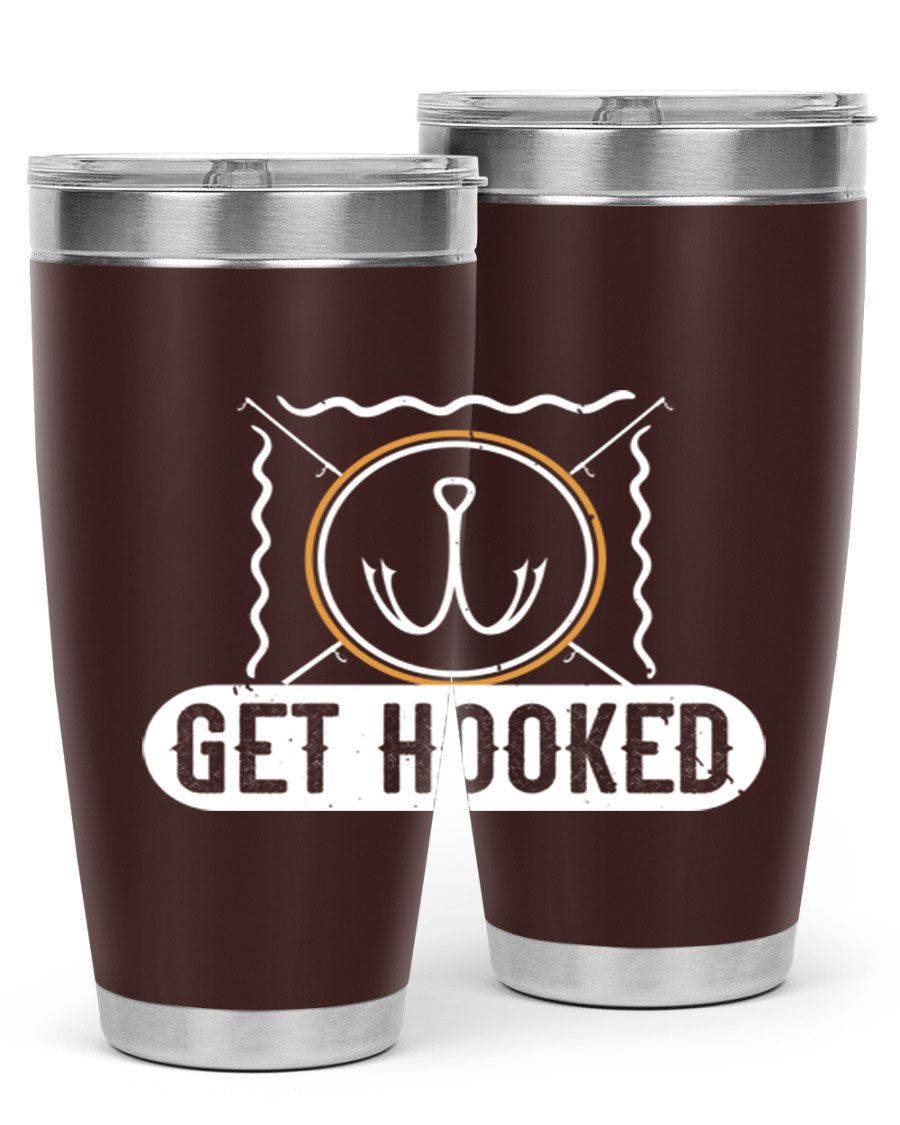 Get Hooked 264# Fishing Tumbler in stainless steel with a drink-thru lid, showcasing its sleek design and insulation features.