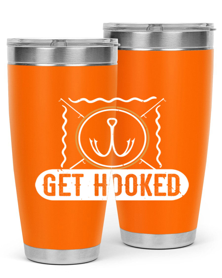 Get Hooked 264# Fishing Tumbler in stainless steel with a drink-thru lid, showcasing its sleek design and insulation features.