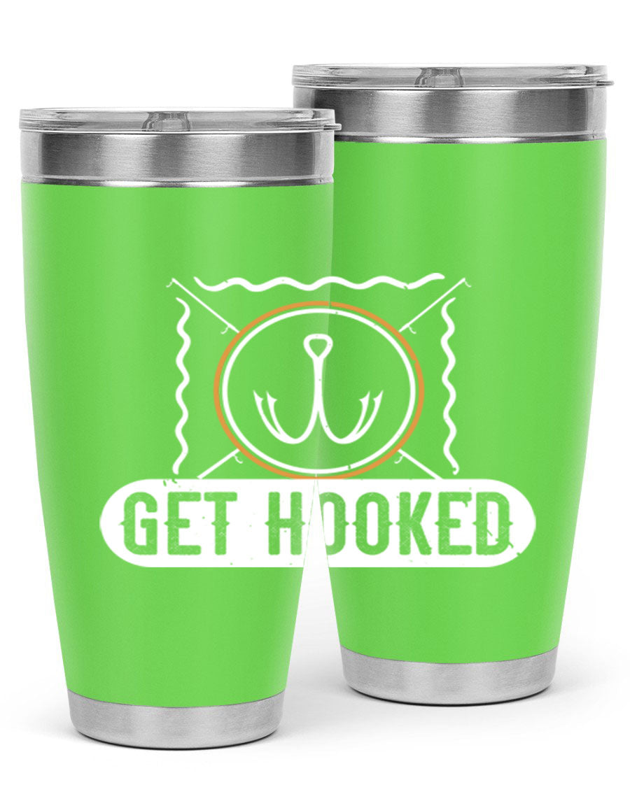 Get Hooked 264# Fishing Tumbler in stainless steel with a drink-thru lid, showcasing its sleek design and insulation features.