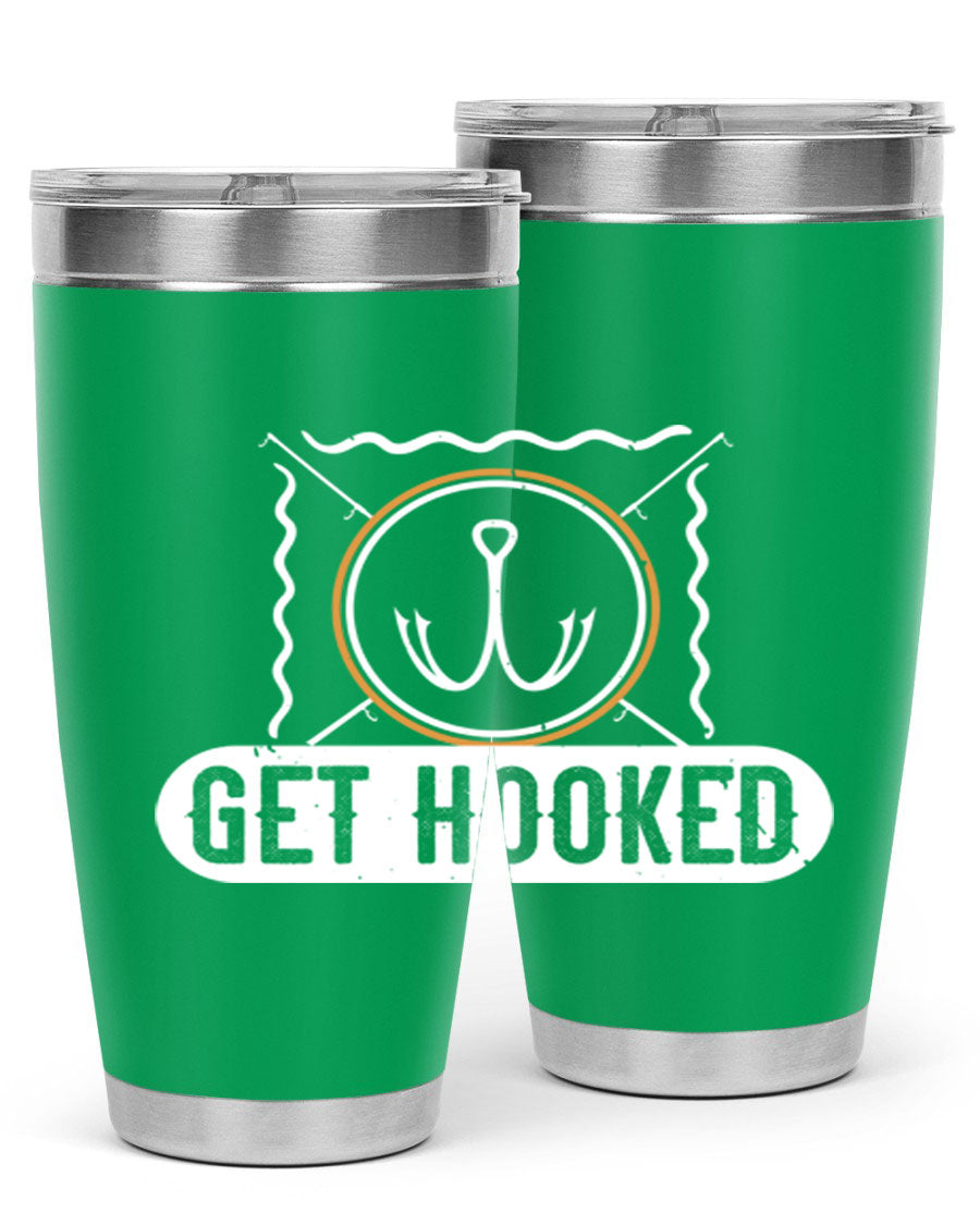 Get Hooked 264# Fishing Tumbler in stainless steel with a drink-thru lid, showcasing its sleek design and insulation features.