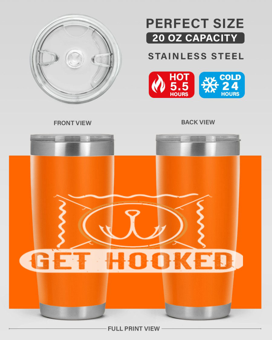 Get Hooked 264# Fishing Tumbler in stainless steel with a drink-thru lid, showcasing its sleek design and insulation features.