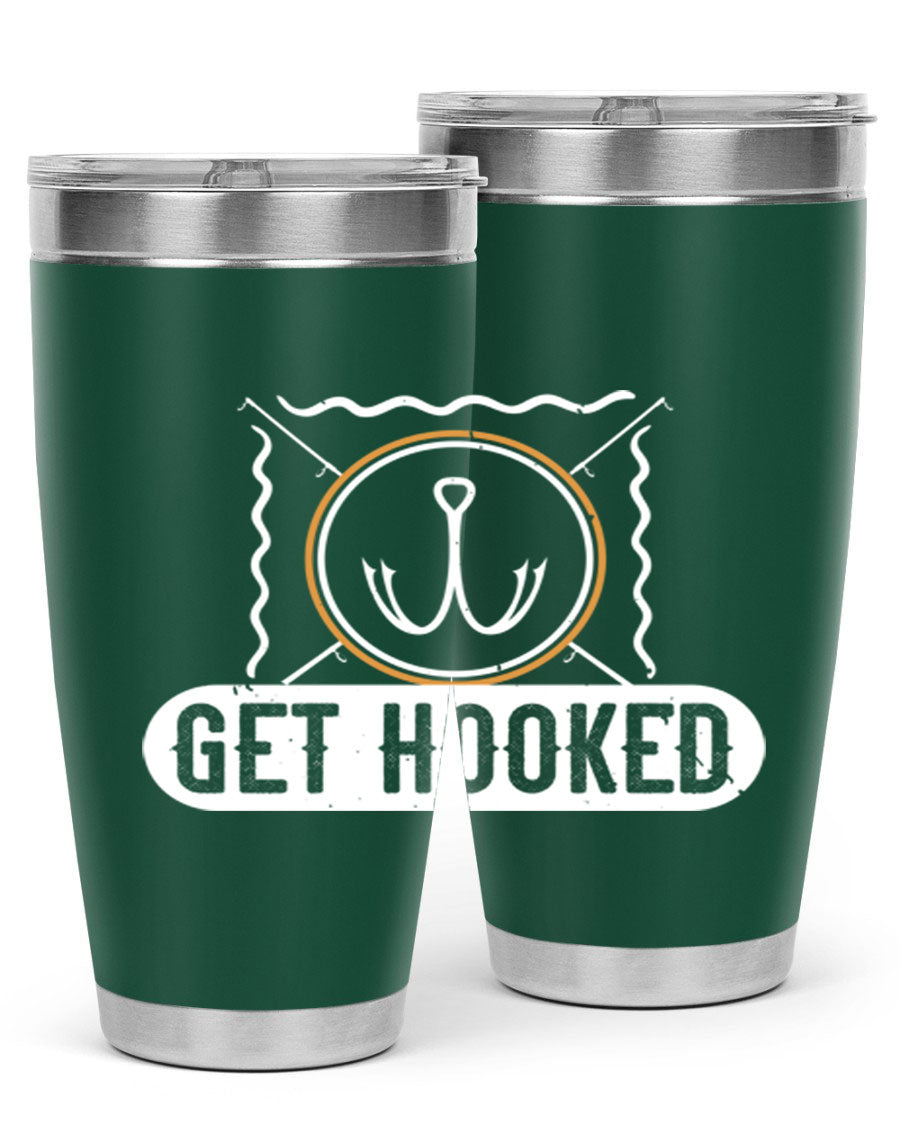 Get Hooked 264# Fishing Tumbler in stainless steel with a drink-thru lid, showcasing its sleek design and insulation features.