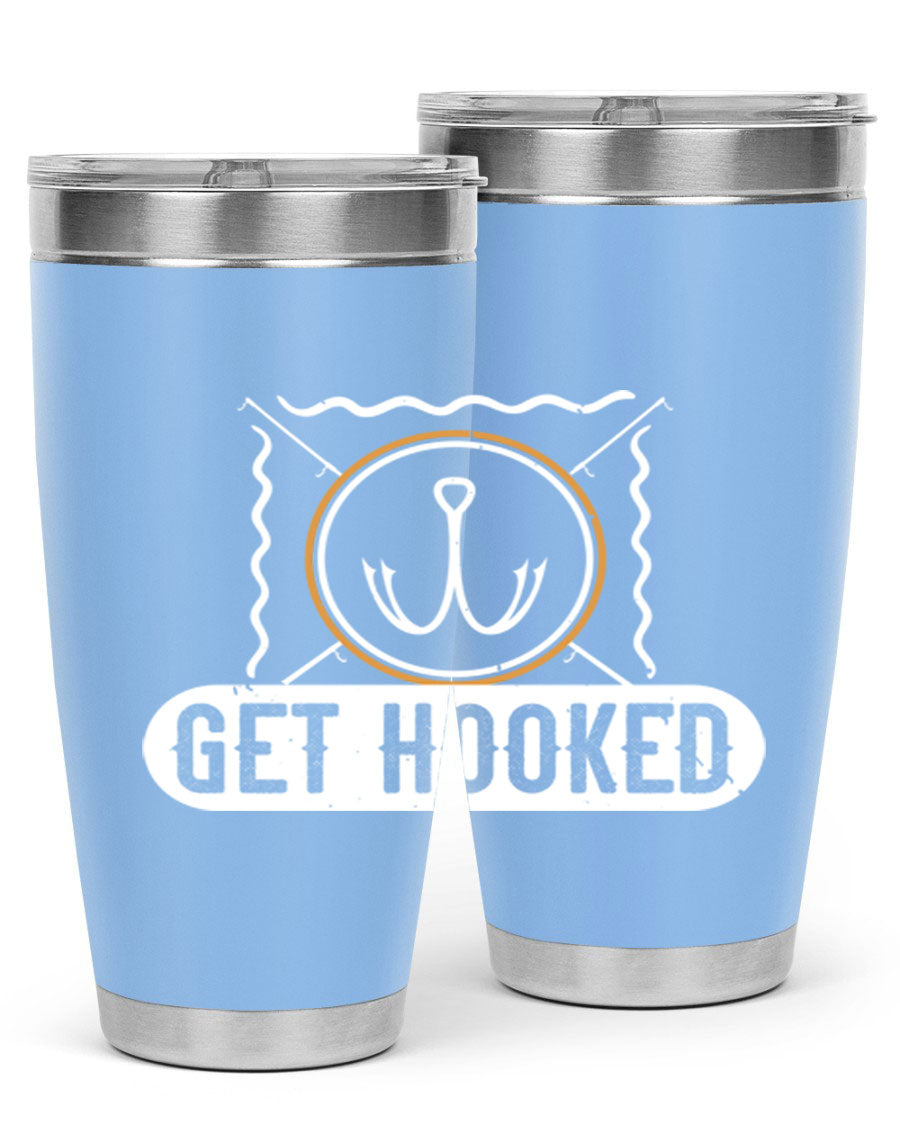 Get Hooked 264# Fishing Tumbler in stainless steel with a drink-thru lid, showcasing its sleek design and insulation features.