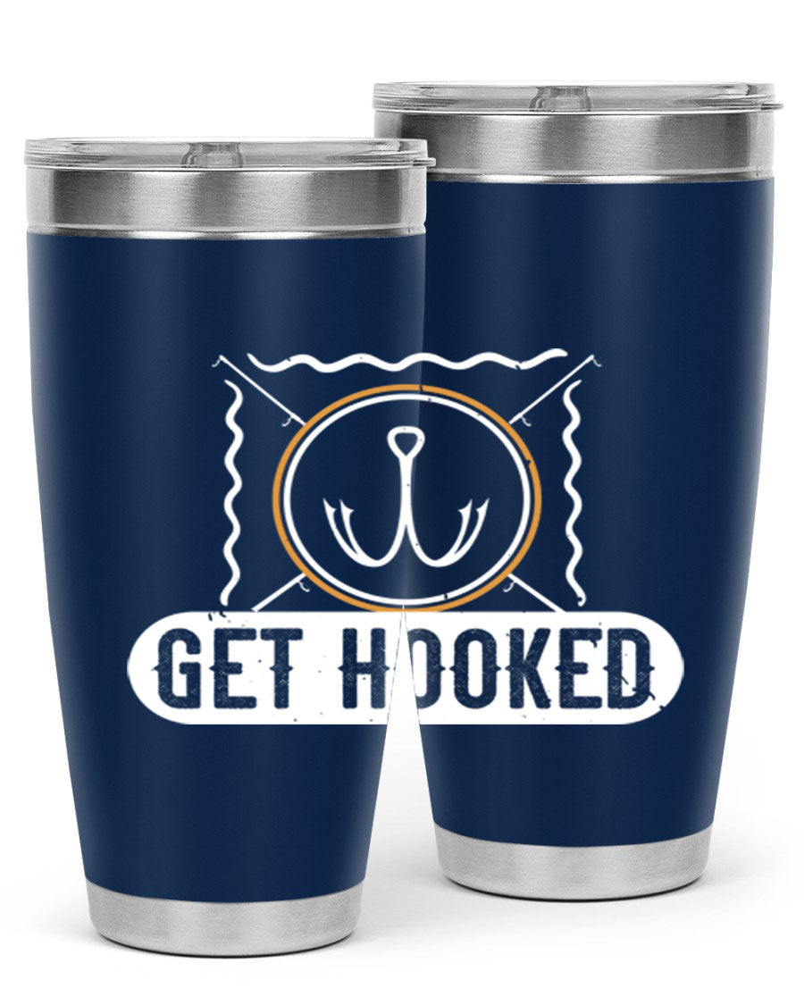 Get Hooked 264# Fishing Tumbler in stainless steel with a drink-thru lid, showcasing its sleek design and insulation features.