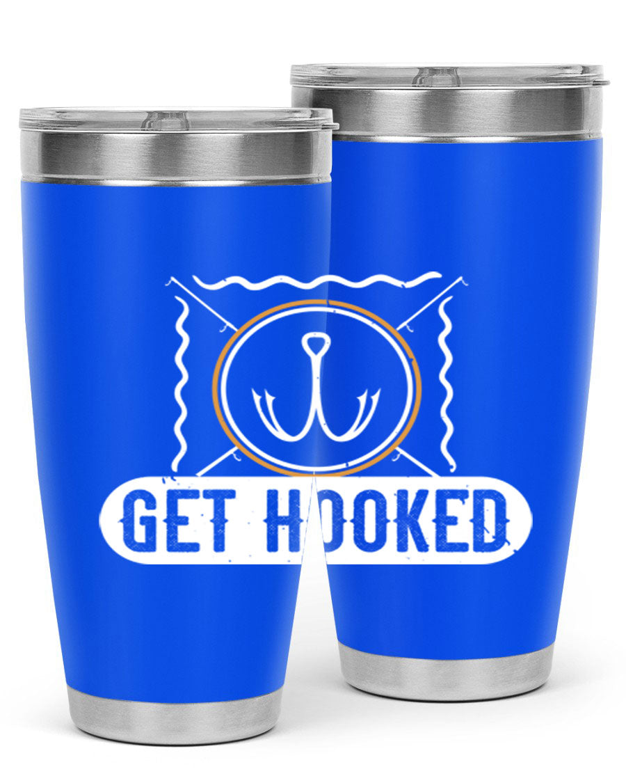 Get Hooked 264# Fishing Tumbler in stainless steel with a drink-thru lid, showcasing its sleek design and insulation features.