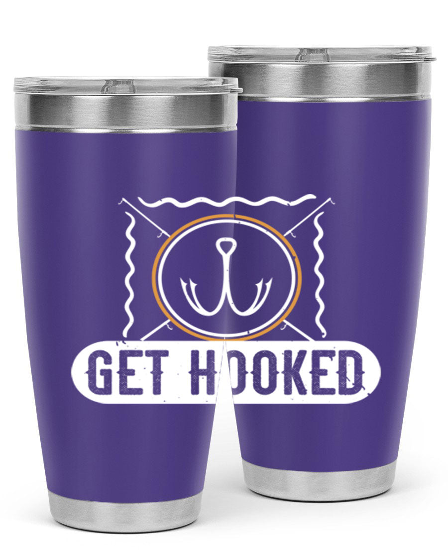 Get Hooked 264# Fishing Tumbler in stainless steel with a drink-thru lid, showcasing its sleek design and insulation features.