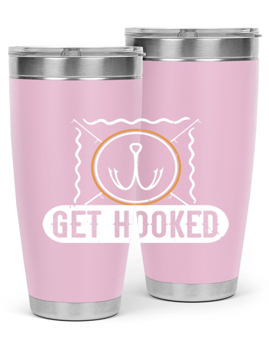Get Hooked 264# Fishing Tumbler in stainless steel with a drink-thru lid, showcasing its sleek design and insulation features.