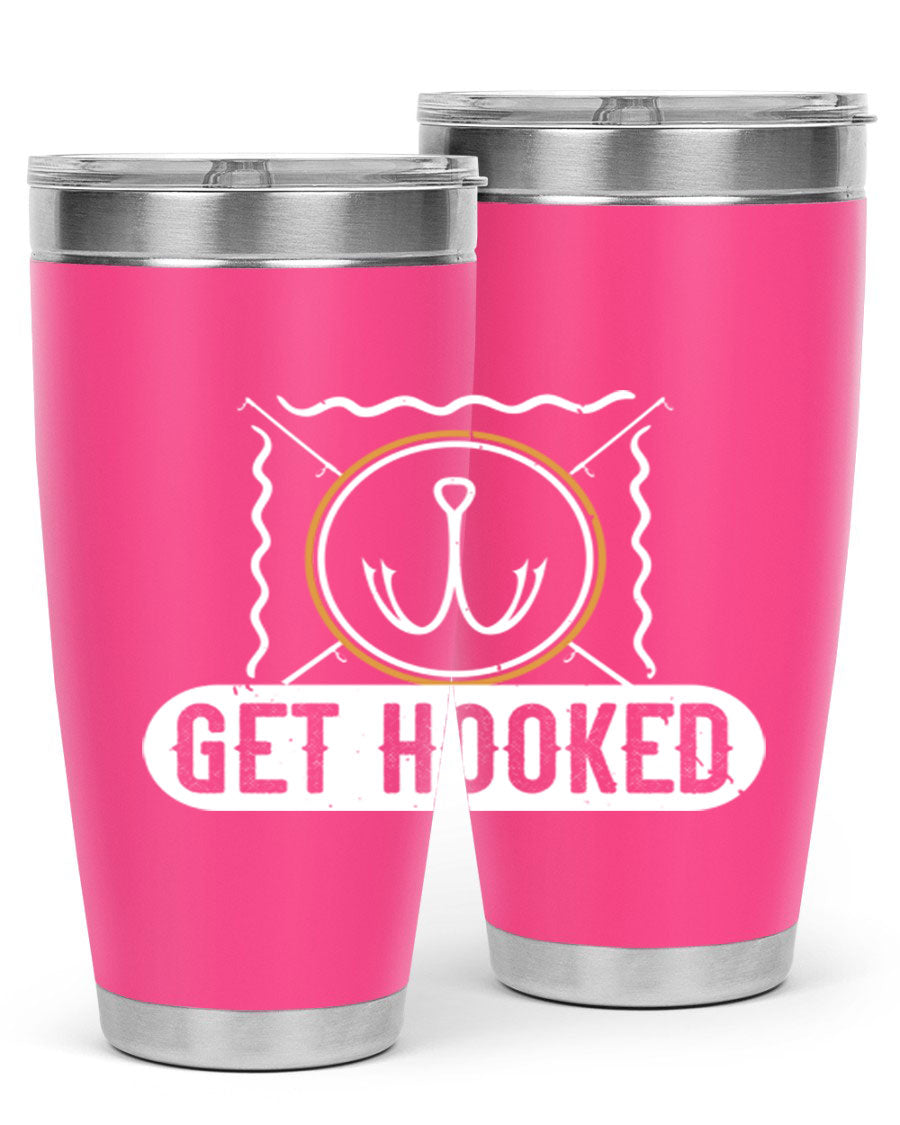 Get Hooked 264# Fishing Tumbler in stainless steel with a drink-thru lid, showcasing its sleek design and insulation features.