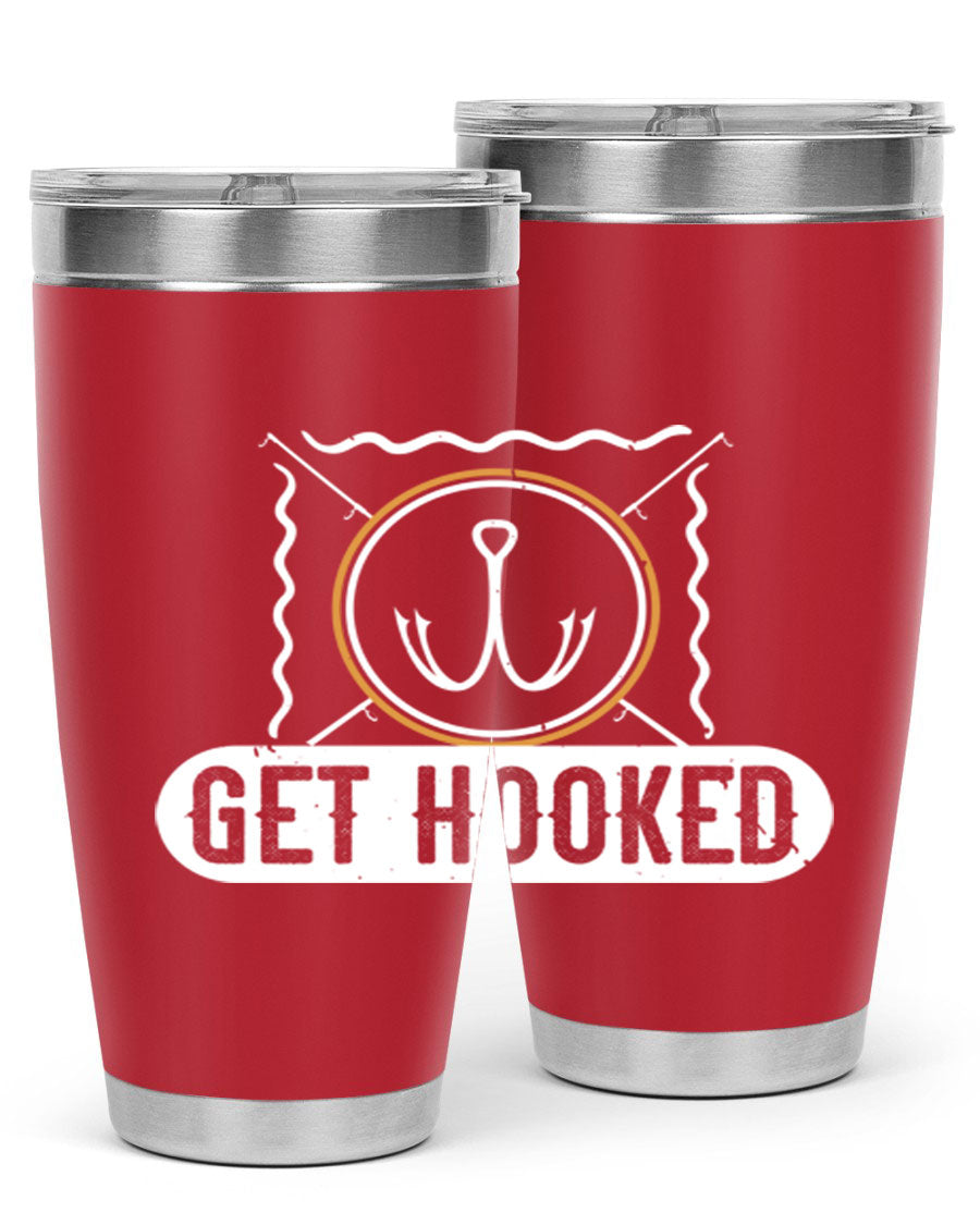 Get Hooked 264# Fishing Tumbler in stainless steel with a drink-thru lid, showcasing its sleek design and insulation features.