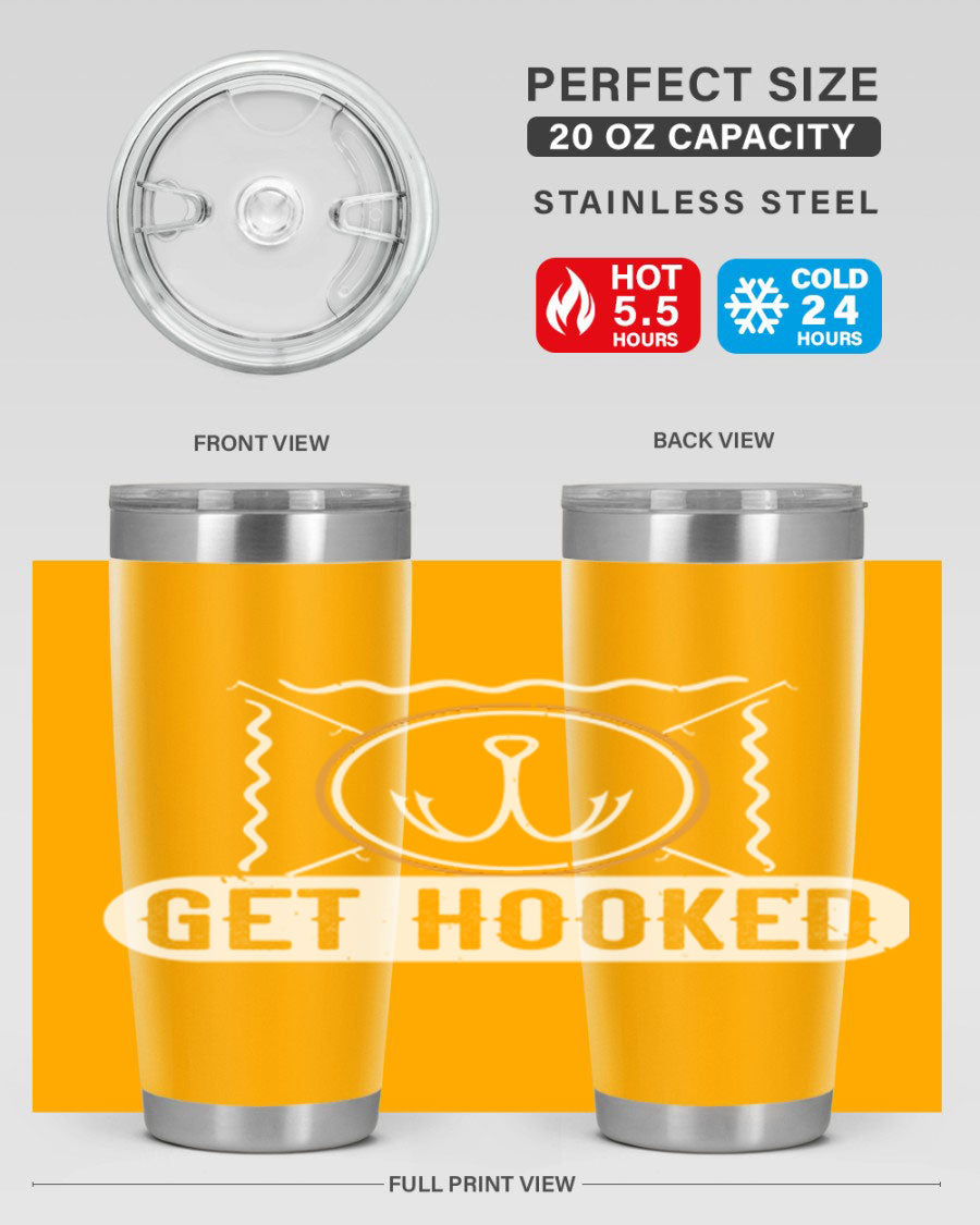 Get Hooked 264# Fishing Tumbler in stainless steel with a drink-thru lid, showcasing its sleek design and insulation features.