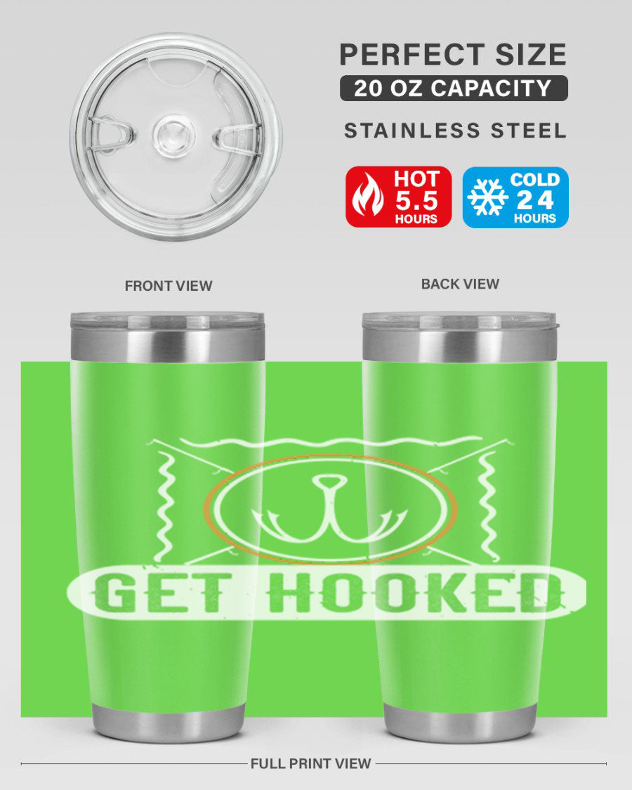 Get Hooked 264# Fishing Tumbler in stainless steel with a drink-thru lid, showcasing its sleek design and insulation features.