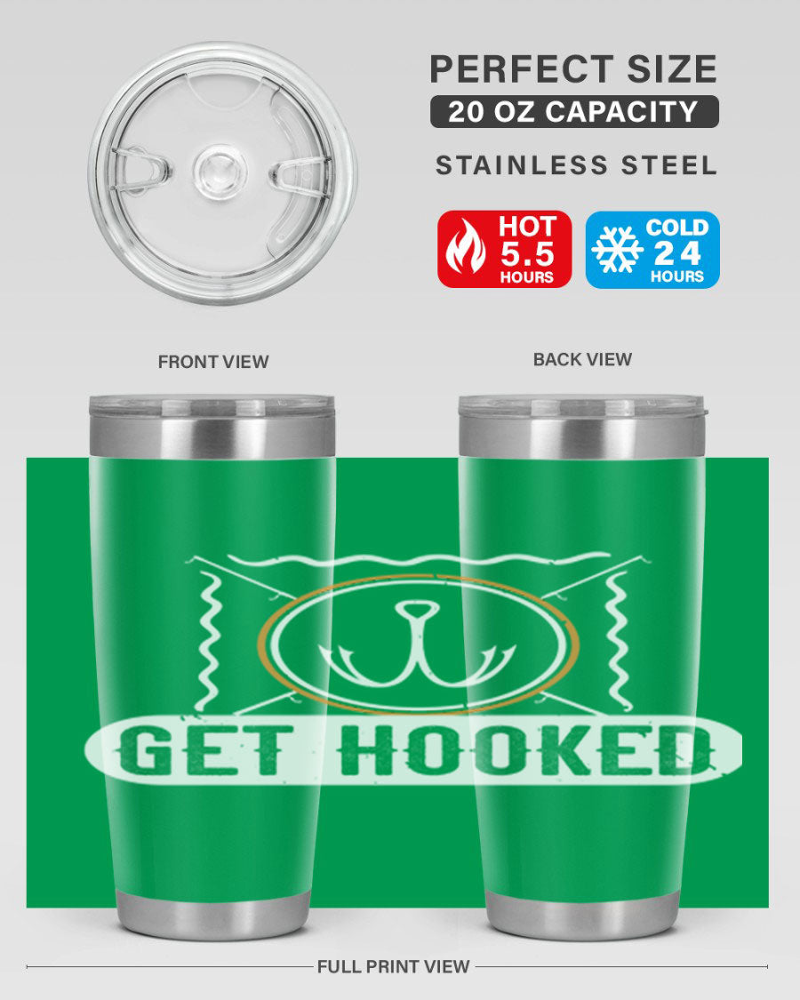 Get Hooked 264# Fishing Tumbler in stainless steel with a drink-thru lid, showcasing its sleek design and insulation features.