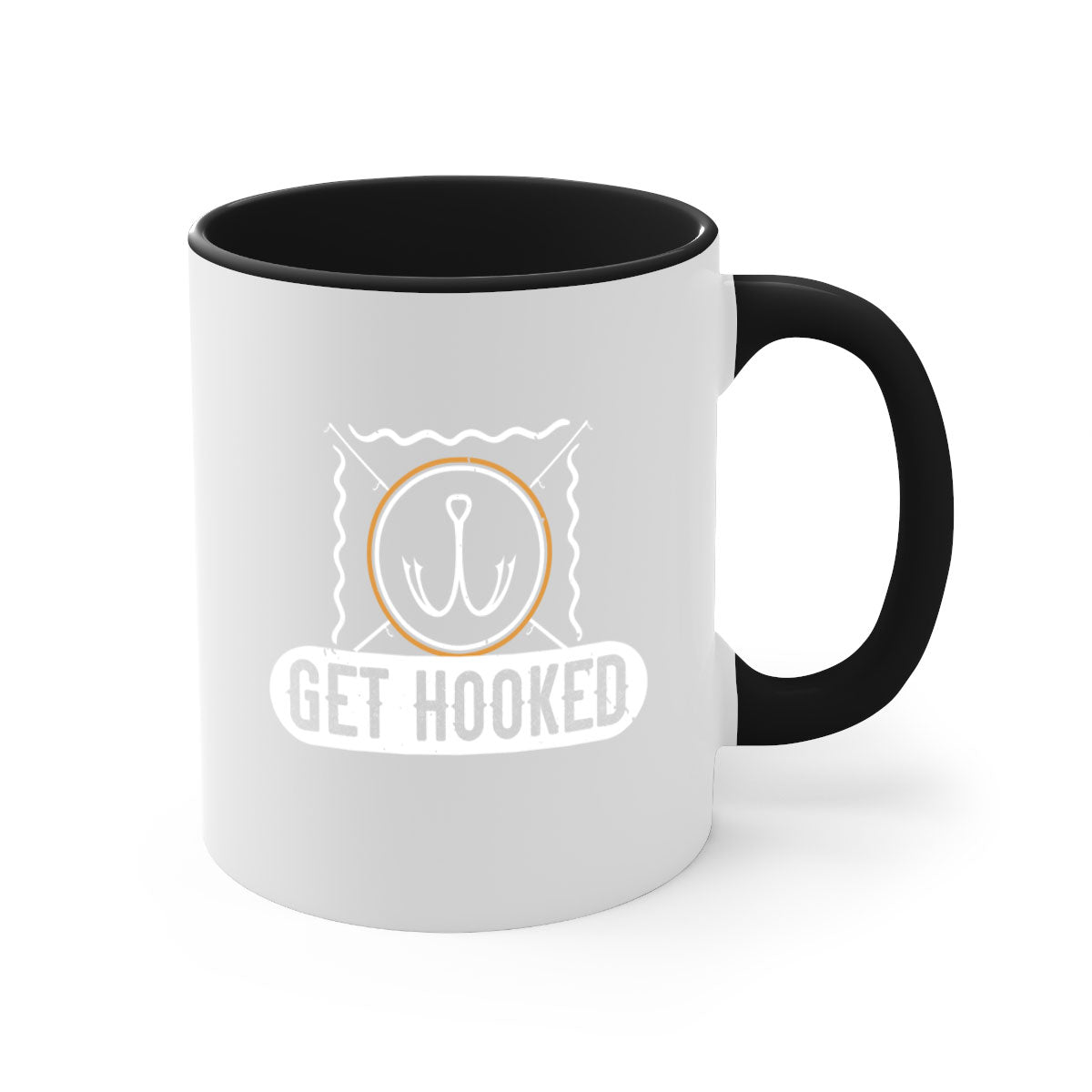 Get Hooked 264# Fishing Mug with colorful handle and glossy finish, perfect for coffee and tea lovers.