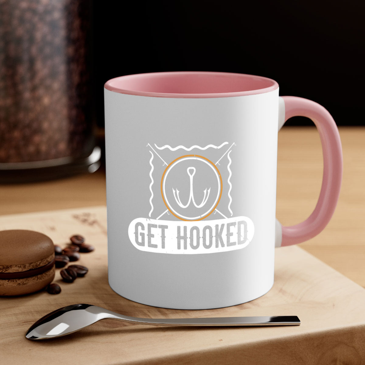 Get Hooked 264# Fishing Mug with colorful handle and glossy finish, perfect for coffee and tea lovers.