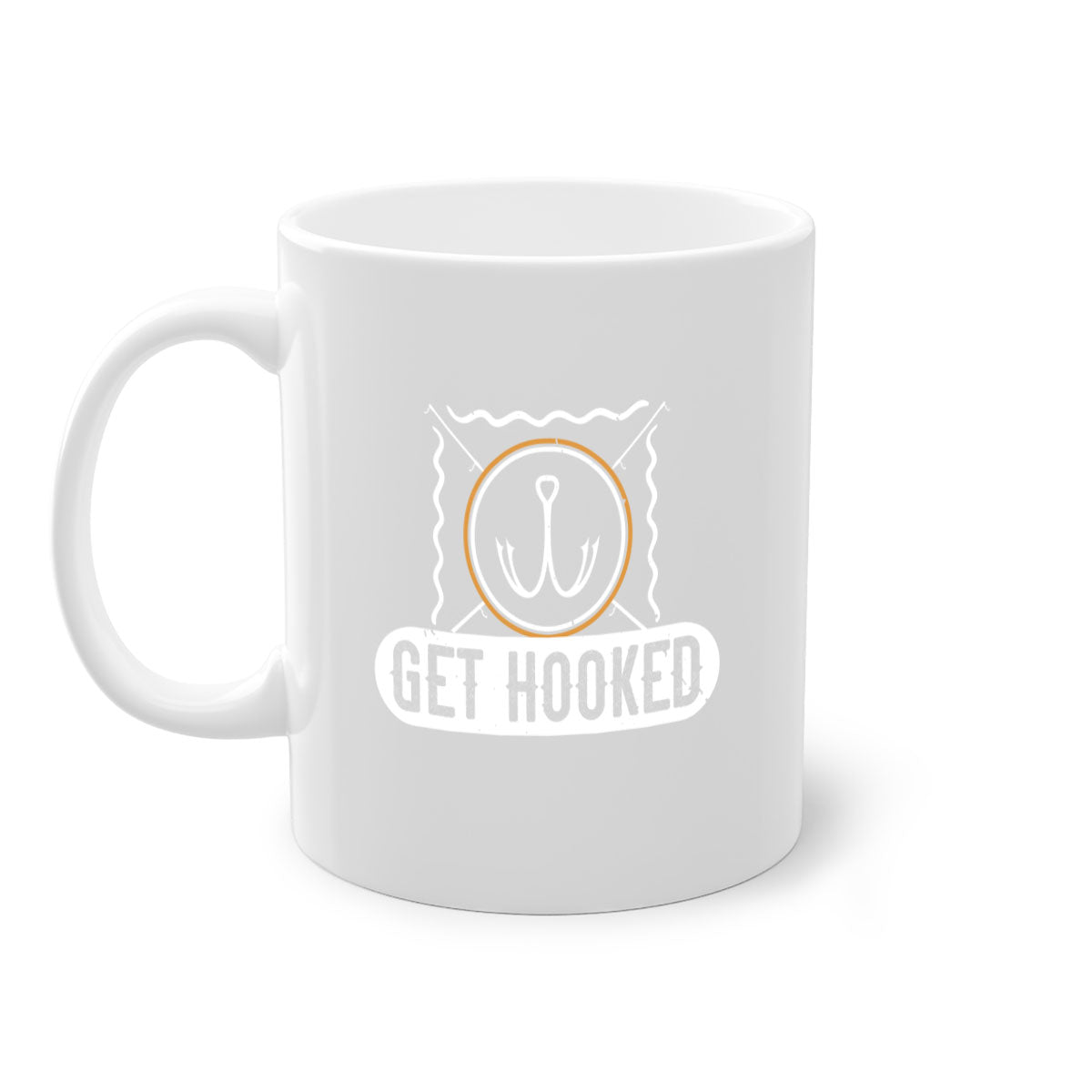 Get Hooked 264# Fishing Mug with colorful handle and glossy finish, perfect for coffee and tea lovers.