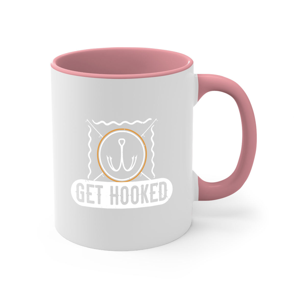 Get Hooked 264# Fishing Mug with colorful handle and glossy finish, perfect for coffee and tea lovers.
