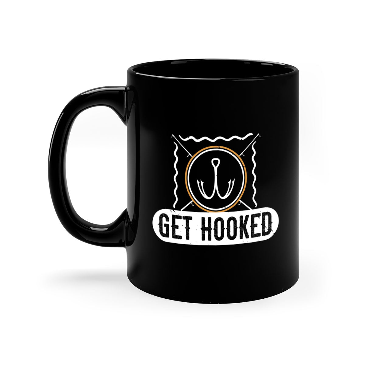 Get Hooked 264# Fishing Mug with colorful handle and glossy finish, perfect for coffee and tea lovers.