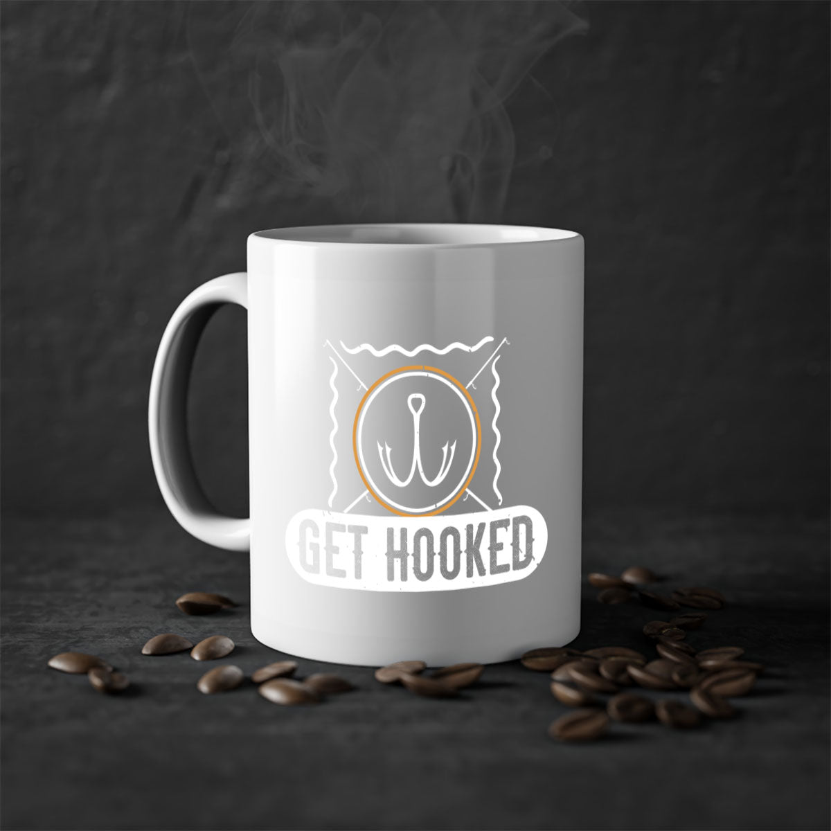 Get Hooked 264# Fishing Mug with colorful handle and glossy finish, perfect for coffee and tea lovers.