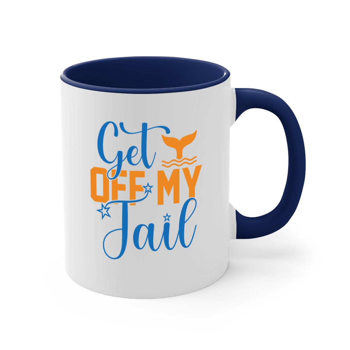 Get off My Tail 168# Mermaid Mug featuring a glossy finish, colored handle, and interior in vibrant colors, perfect for coffee or tea.