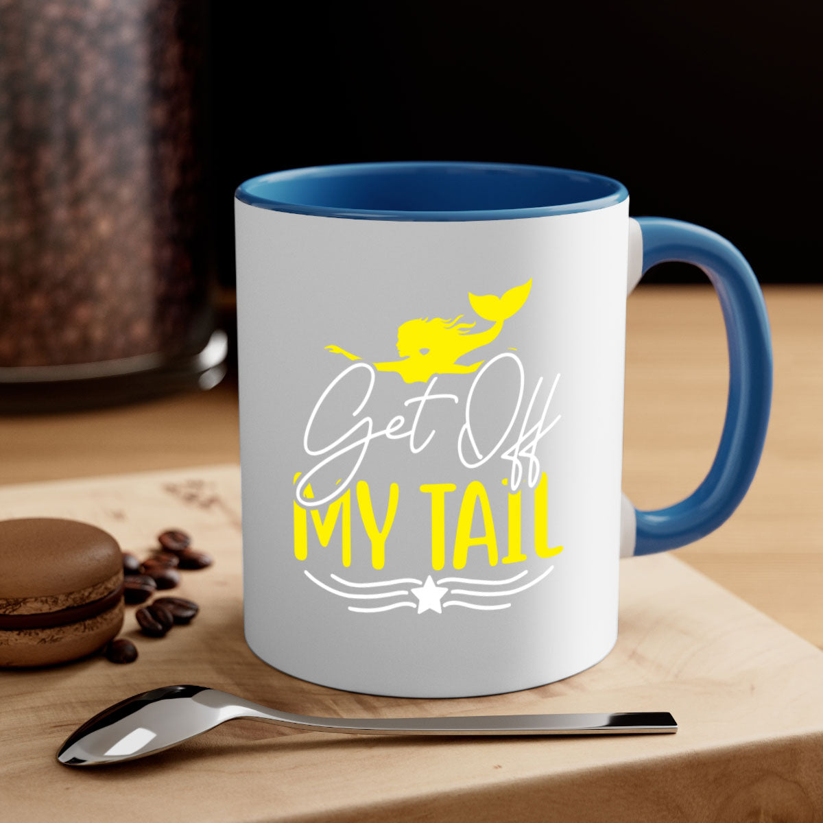 Get off My Tail 170# Mermaid Mug featuring a glossy finish, colorful handle, and interior, available in multiple colors.