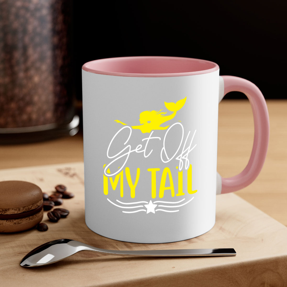Get off My Tail 170# Mermaid Mug featuring a glossy finish, colorful handle, and interior, available in multiple colors.