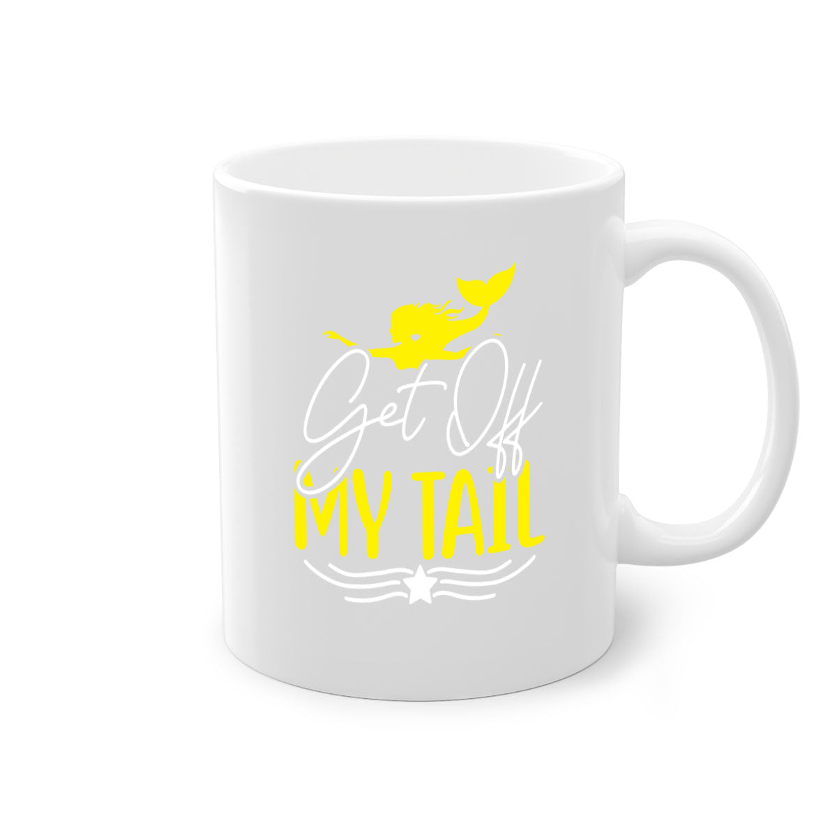 Get off My Tail 170# Mermaid Mug featuring a glossy finish, colorful handle, and interior, available in multiple colors.