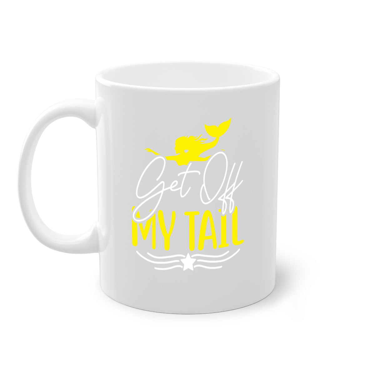 Get off My Tail 170# Mermaid Mug featuring a glossy finish, colorful handle, and interior, available in multiple colors.
