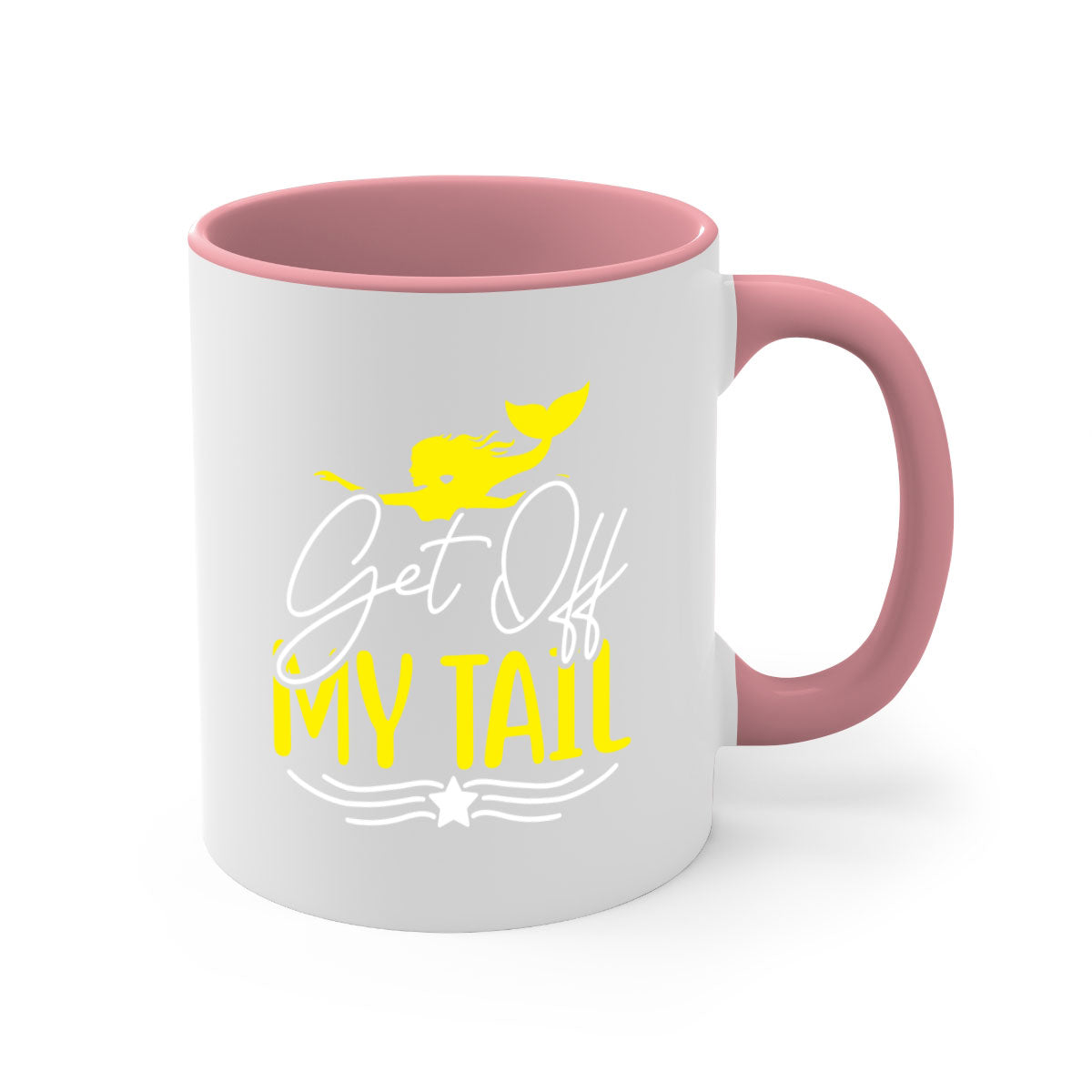 Get off My Tail 170# Mermaid Mug featuring a glossy finish, colorful handle, and interior, available in multiple colors.