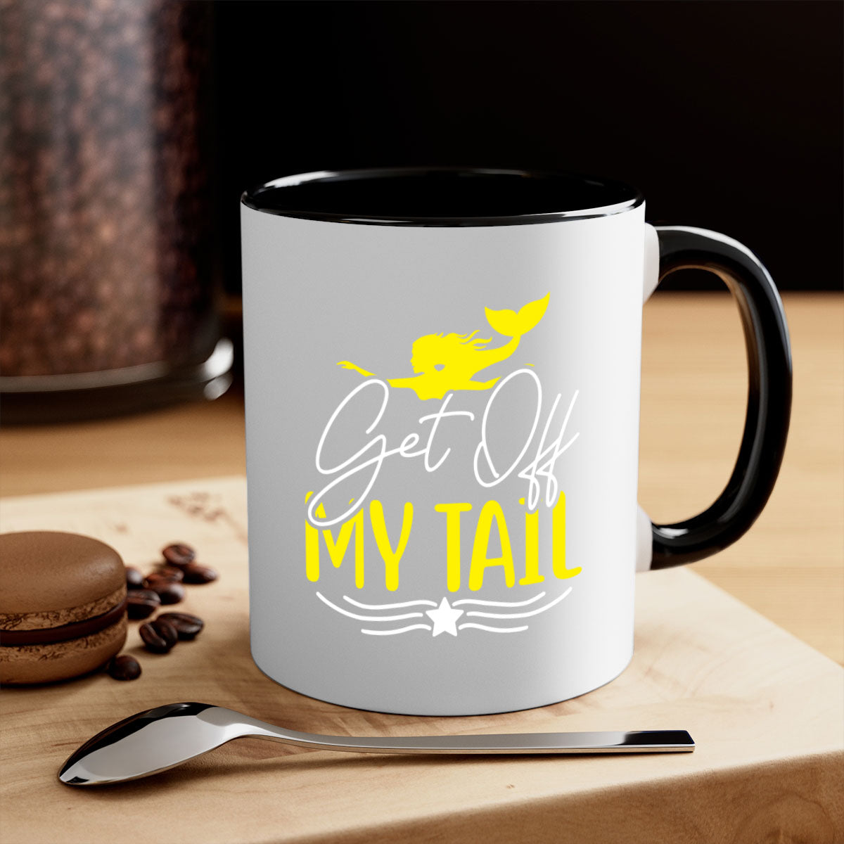 Get off My Tail 170# Mermaid Mug featuring a glossy finish, colorful handle, and interior, available in multiple colors.