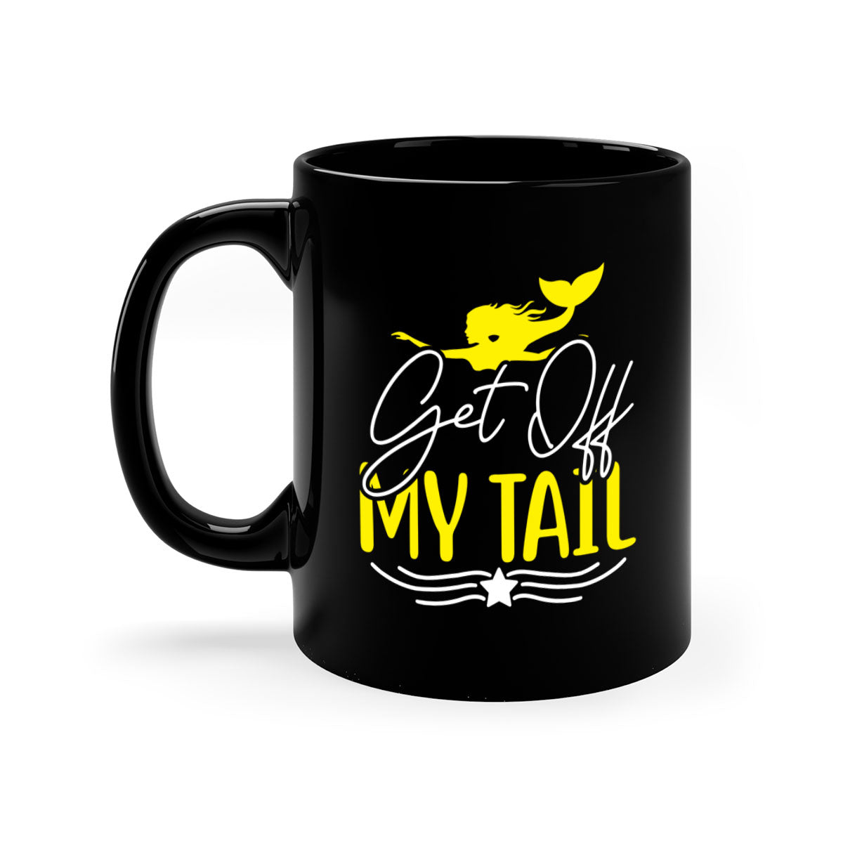 Get off My Tail 170# Mermaid Mug featuring a glossy finish, colorful handle, and interior, available in multiple colors.
