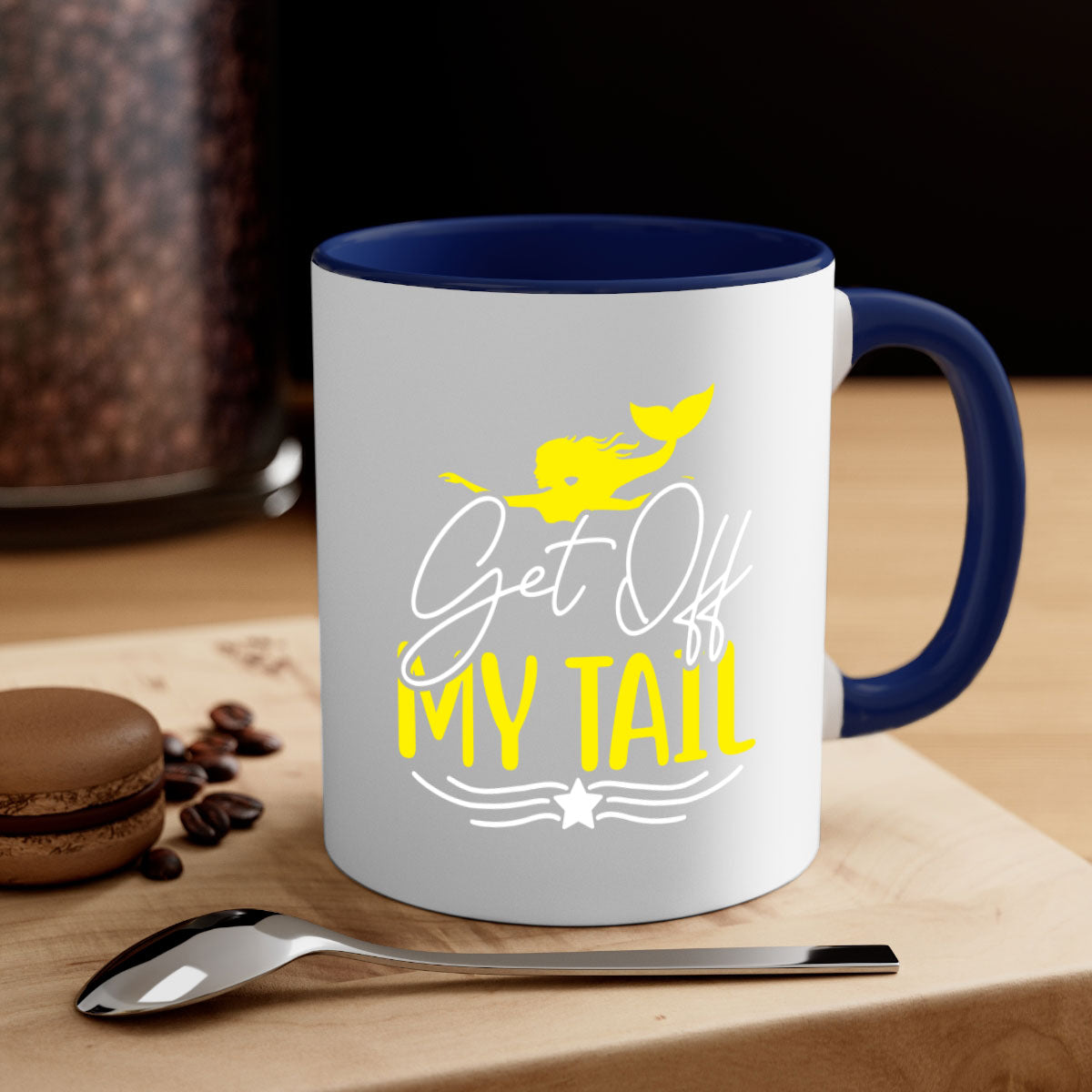 Get off My Tail 170# Mermaid Mug featuring a glossy finish, colorful handle, and interior, available in multiple colors.