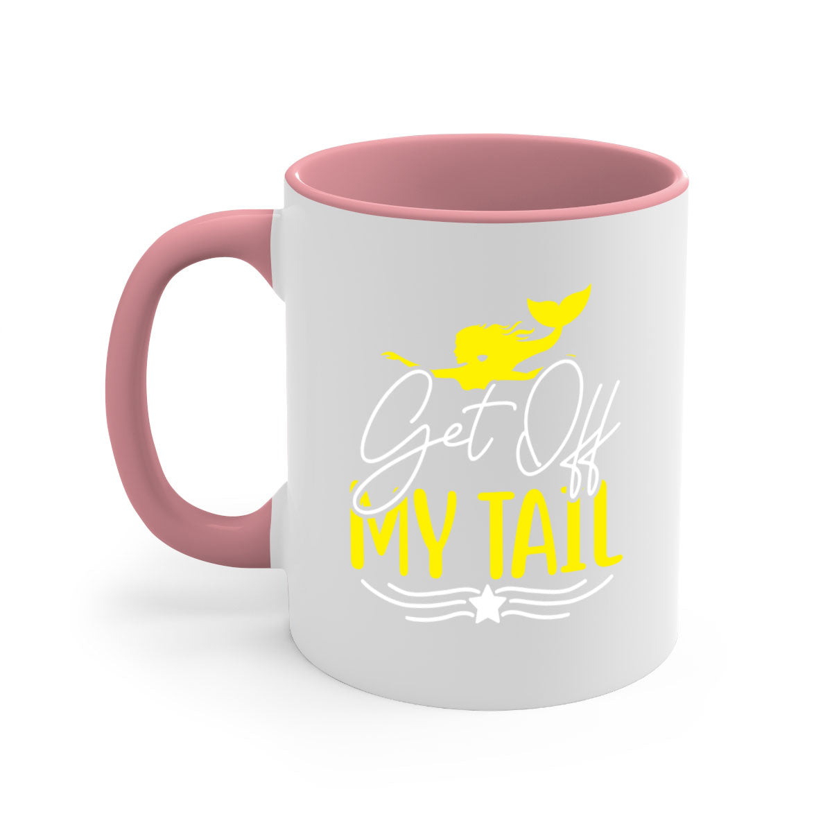 Get off My Tail 170# Mermaid Mug featuring a glossy finish, colorful handle, and interior, available in multiple colors.