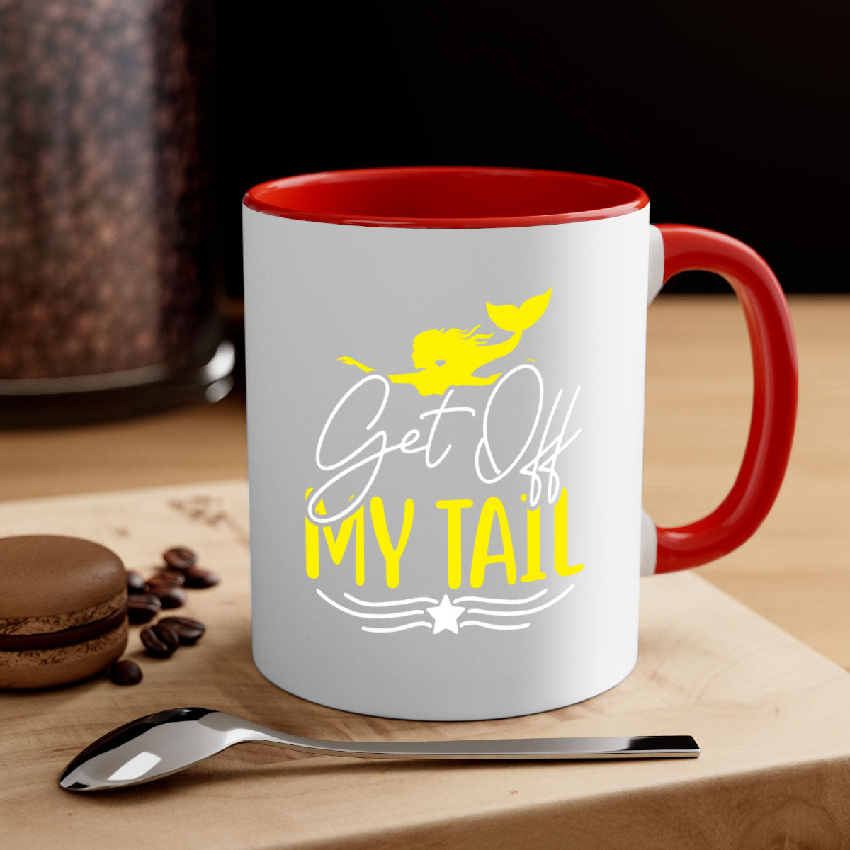 Get off My Tail 170# Mermaid Mug featuring a glossy finish, colorful handle, and interior, available in multiple colors.