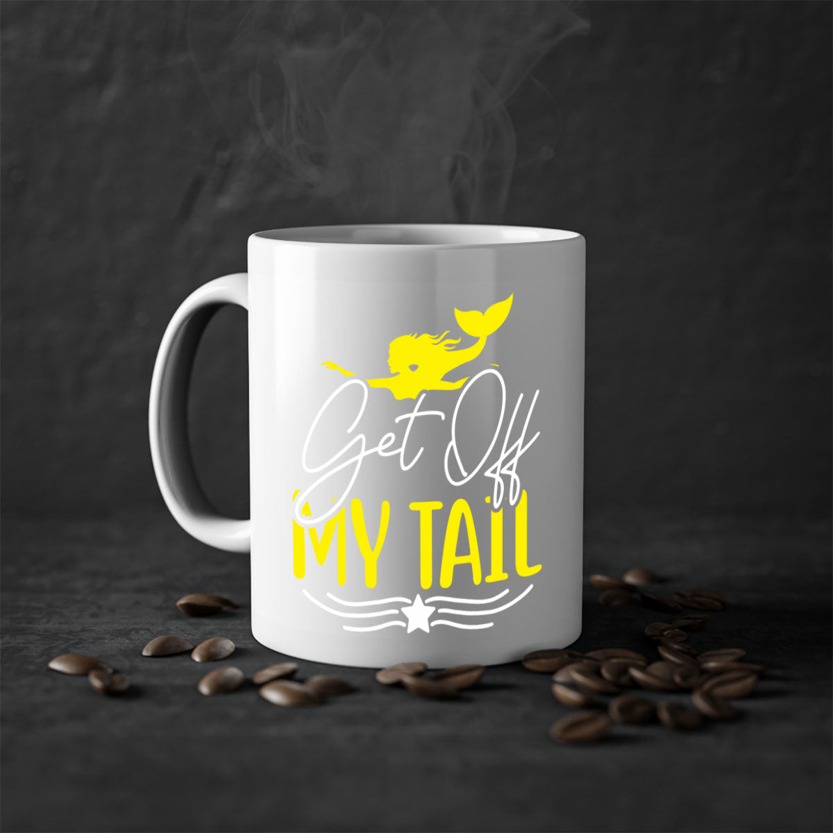 Get off My Tail 170# Mermaid Mug featuring a glossy finish, colorful handle, and interior, available in multiple colors.