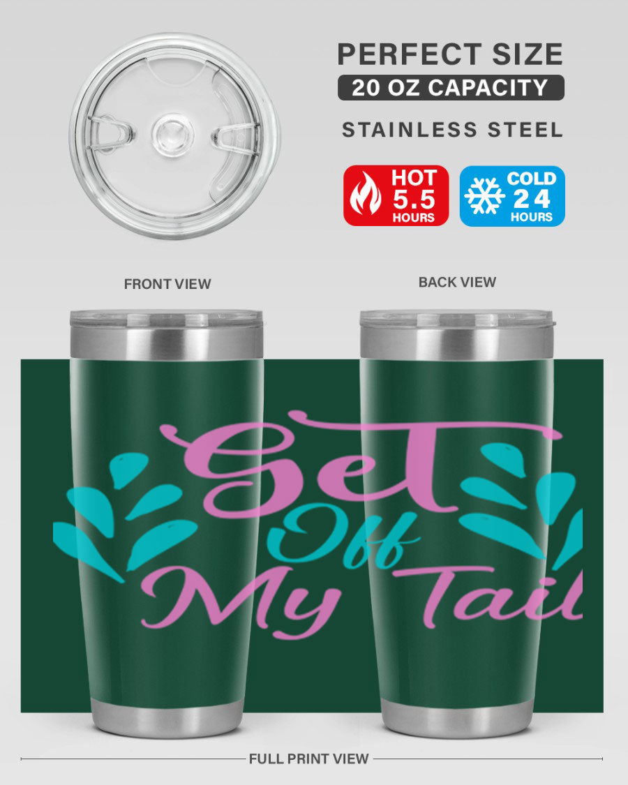 Get Off My Tail 175# Mermaid Tumbler showcasing vibrant mermaid design, double wall vacuum stainless steel construction, and drink-thru lid.