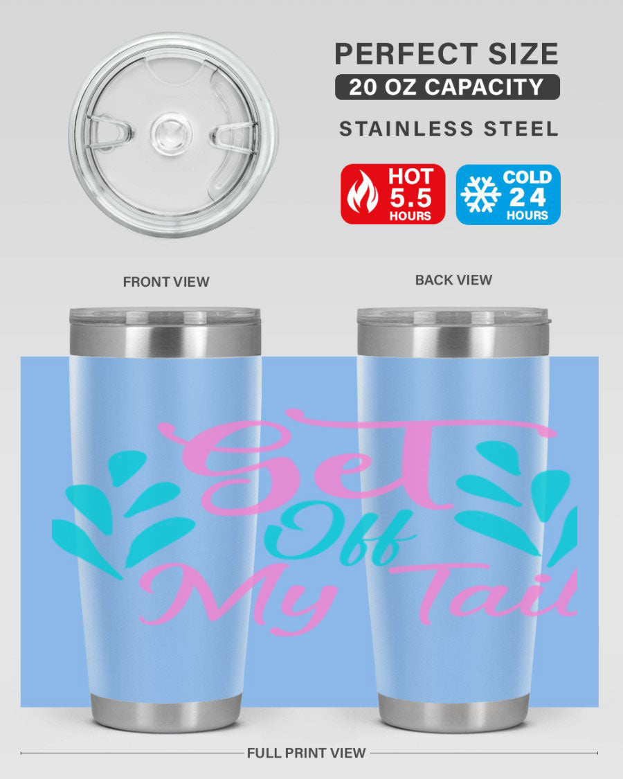 Get Off My Tail 175# Mermaid Tumbler showcasing vibrant mermaid design, double wall vacuum stainless steel construction, and drink-thru lid.