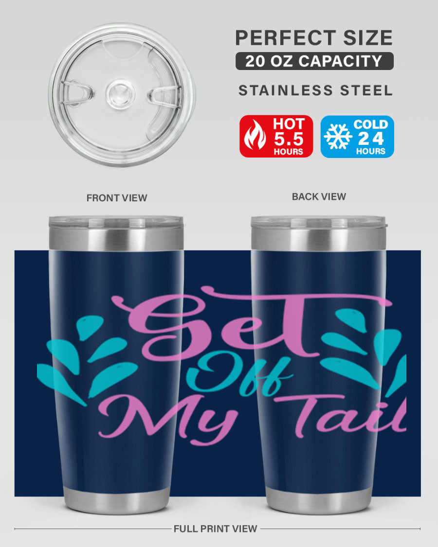 Get Off My Tail 175# Mermaid Tumbler showcasing vibrant mermaid design, double wall vacuum stainless steel construction, and drink-thru lid.
