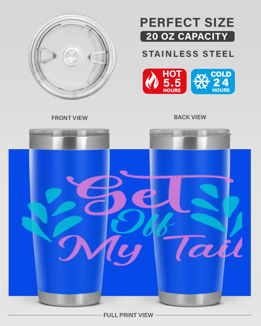 Get Off My Tail 175# Mermaid Tumbler showcasing vibrant mermaid design, double wall vacuum stainless steel construction, and drink-thru lid.