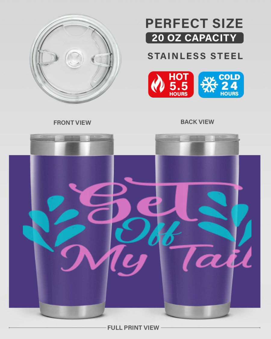 Get Off My Tail 175# Mermaid Tumbler showcasing vibrant mermaid design, double wall vacuum stainless steel construction, and drink-thru lid.