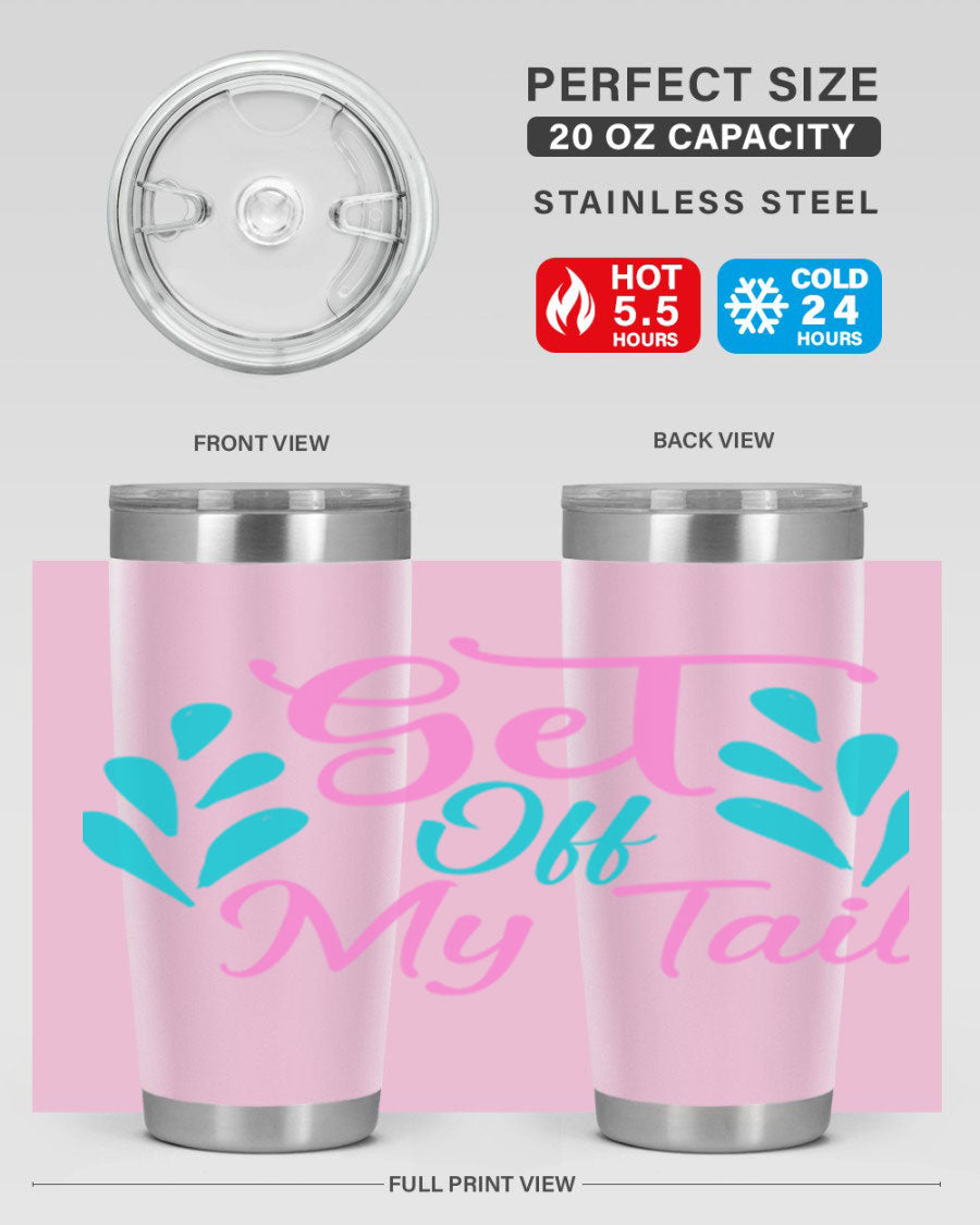 Get Off My Tail 175# Mermaid Tumbler showcasing vibrant mermaid design, double wall vacuum stainless steel construction, and drink-thru lid.