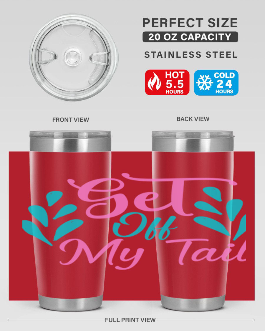 Get Off My Tail 175# Mermaid Tumbler showcasing vibrant mermaid design, double wall vacuum stainless steel construction, and drink-thru lid.