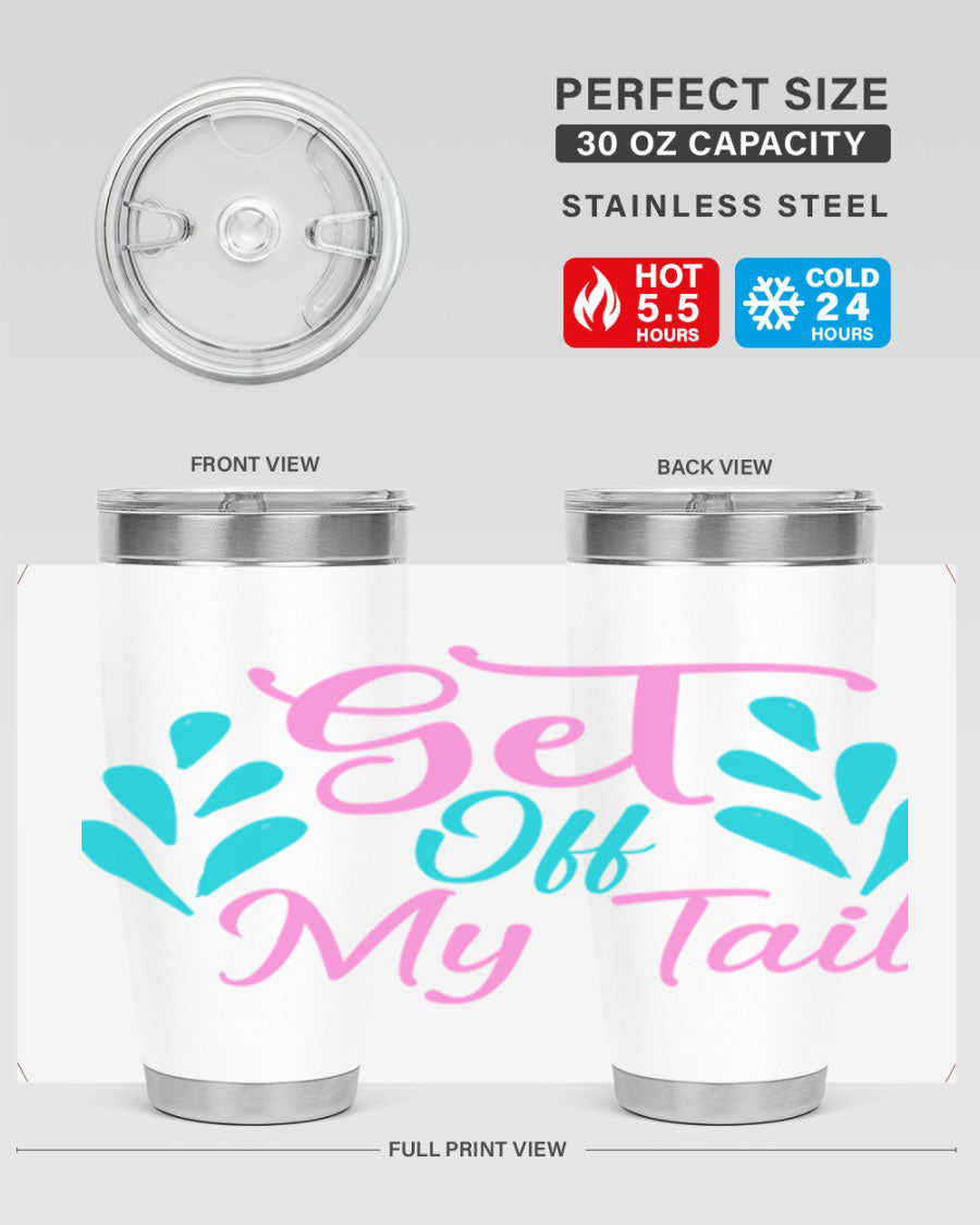 Get Off My Tail 175# Mermaid Tumbler showcasing vibrant mermaid design, double wall vacuum stainless steel construction, and drink-thru lid.