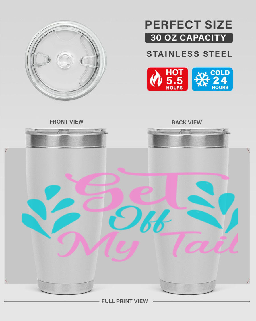 Get Off My Tail 175# Mermaid Tumbler showcasing vibrant mermaid design, double wall vacuum stainless steel construction, and drink-thru lid.