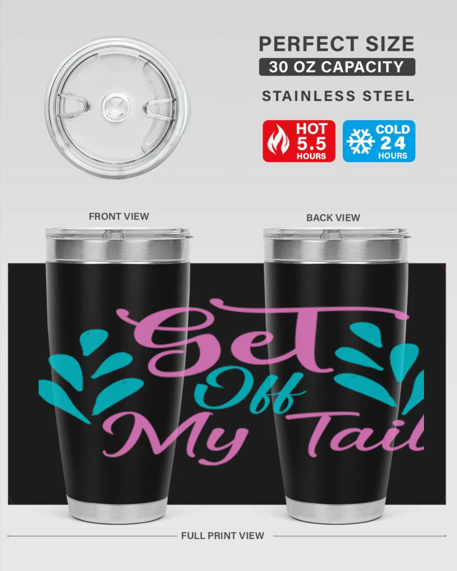 Get Off My Tail 175# Mermaid Tumbler showcasing vibrant mermaid design, double wall vacuum stainless steel construction, and drink-thru lid.