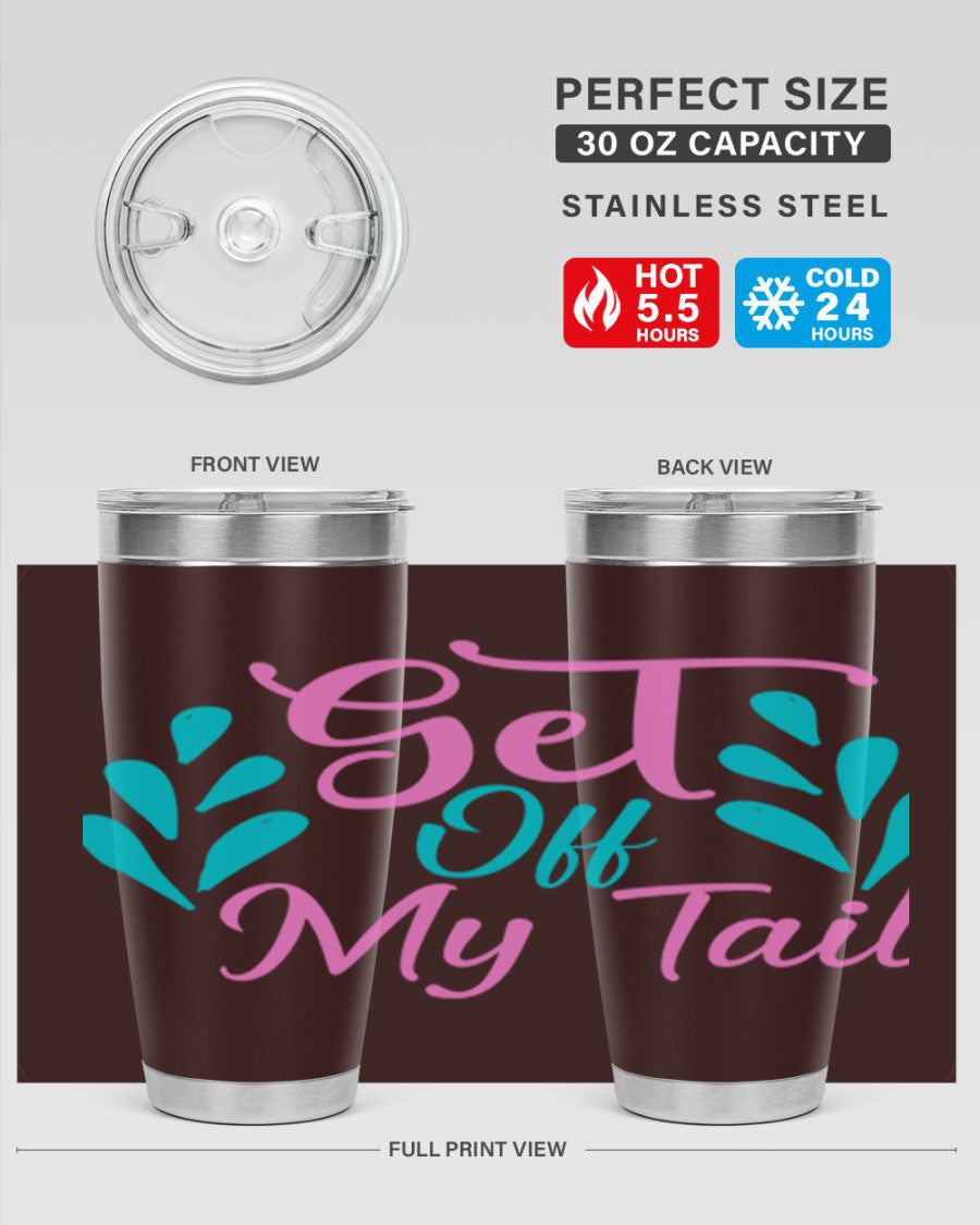 Get Off My Tail 175# Mermaid Tumbler showcasing vibrant mermaid design, double wall vacuum stainless steel construction, and drink-thru lid.